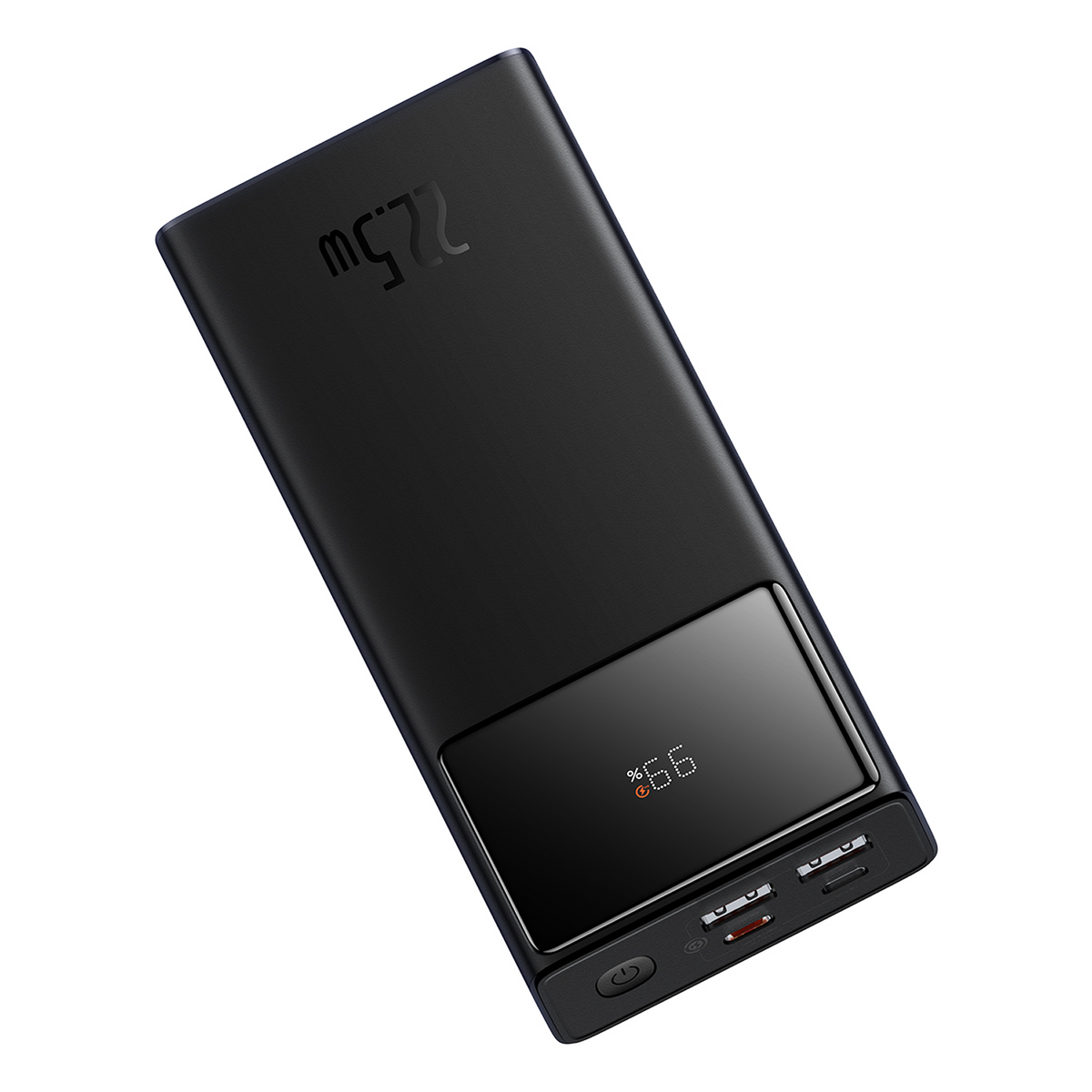 Power bank nera con display digitale che mostra il 66% di carica. Ha un pulsante di accensione e porte USB.