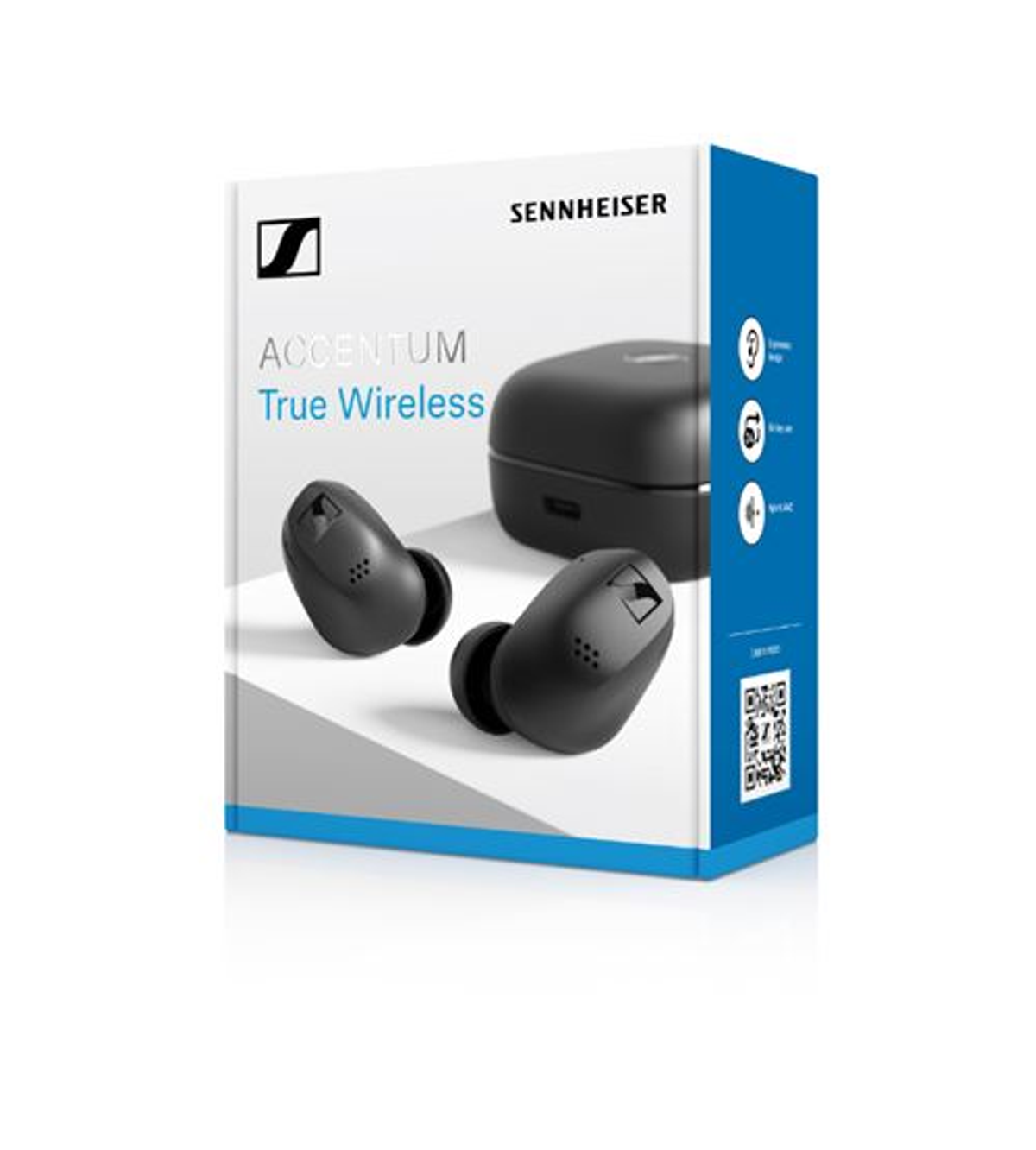 Caja de auriculares Sennheiser Accentum True Wireless. Se ven auriculares negros y estuche de carga, con el nombre de la marca en la caja.