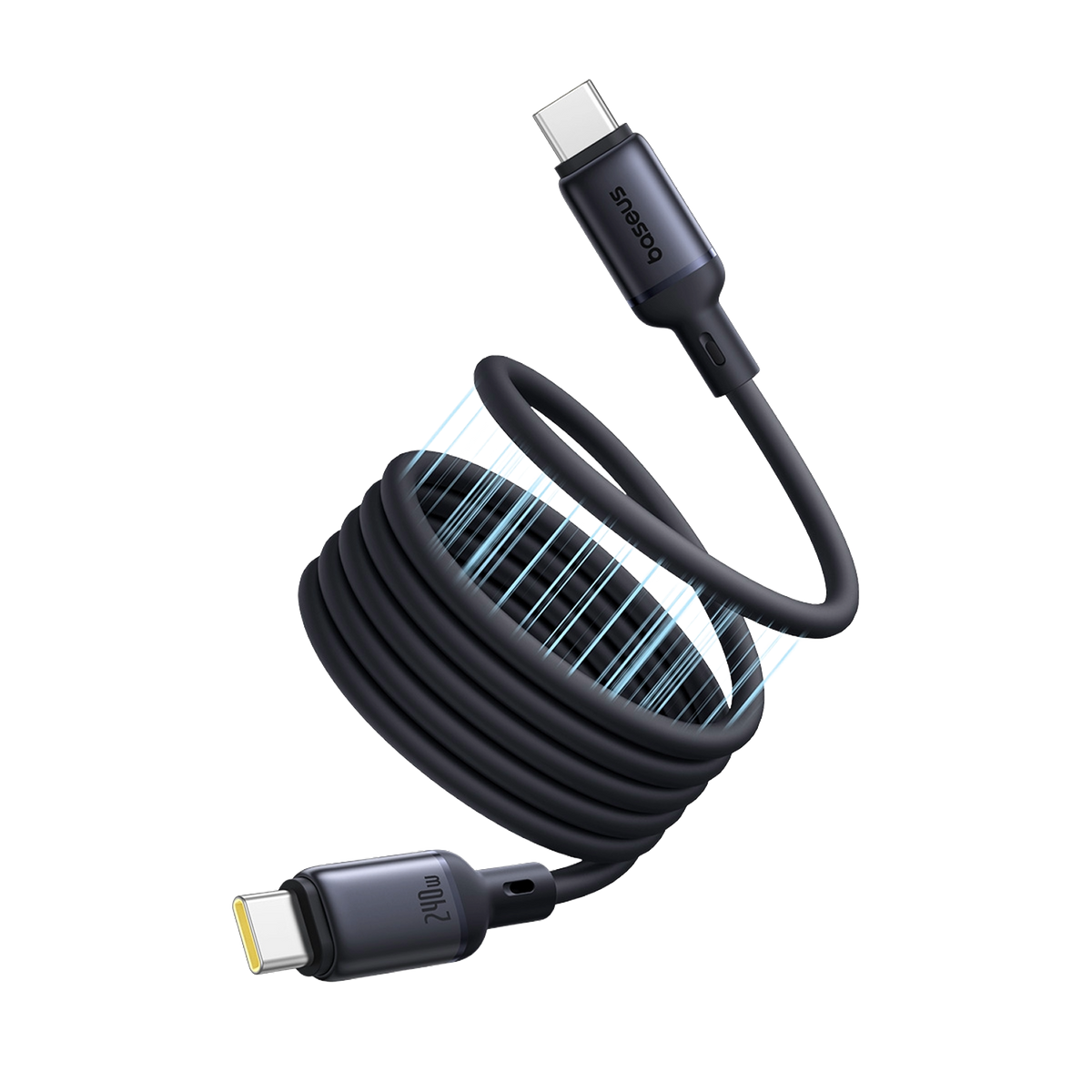 Un cavo USB-C nero con sezione centrale arricciata, connettori su ciascuna estremità. Un'estremità ha 'Baseus', l'altra '240W'.