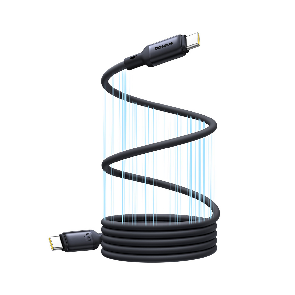 Un cavo USB-C Baseus nero, arrotolato in basso e a spirale verso l'alto. Linee blu emanano dal cavo.