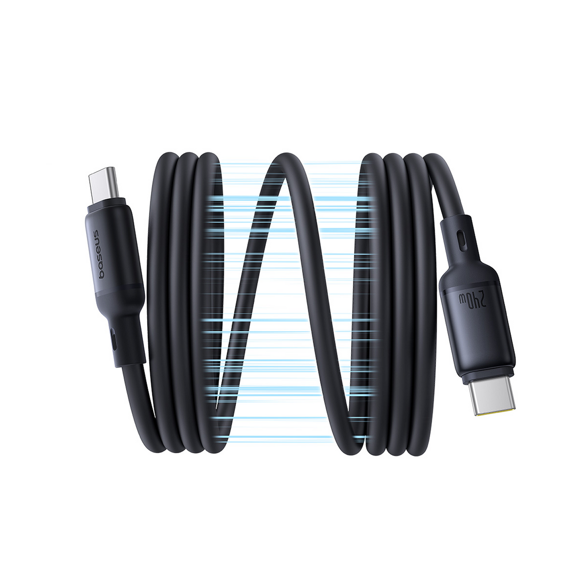 Cavo USB-C nero Baseus, arrotolato. 240W a un'estremità. La parola 'baseus' è stampata su un connettore.