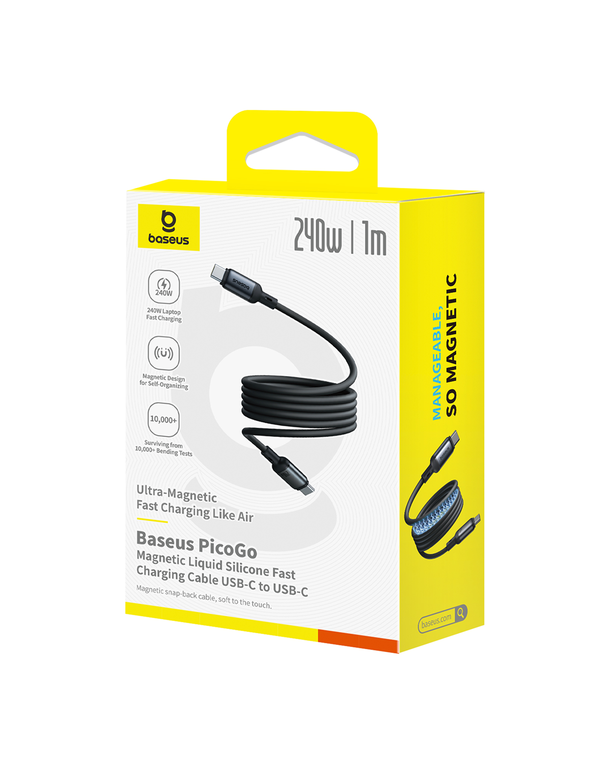 Scatola giallo e bianca con cavo di ricarica nero. Il testo include 'Baseus' e '240W'.