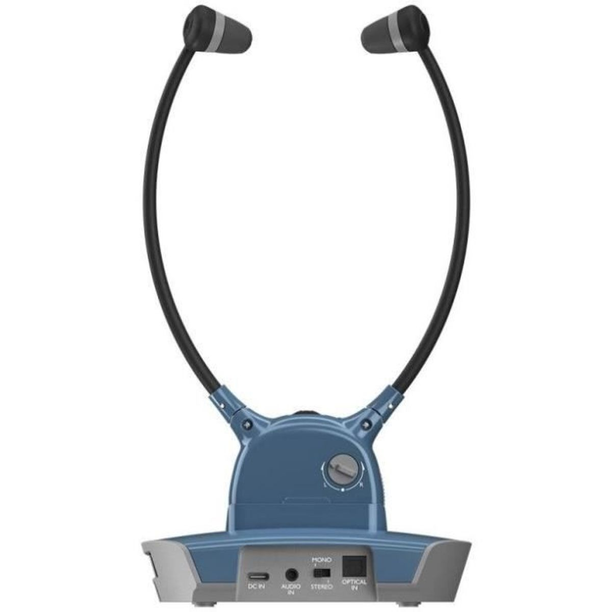 Cuffie con una base. La base ha pulsanti e porte. Le cuffie sono nere con auricolari grigi.
