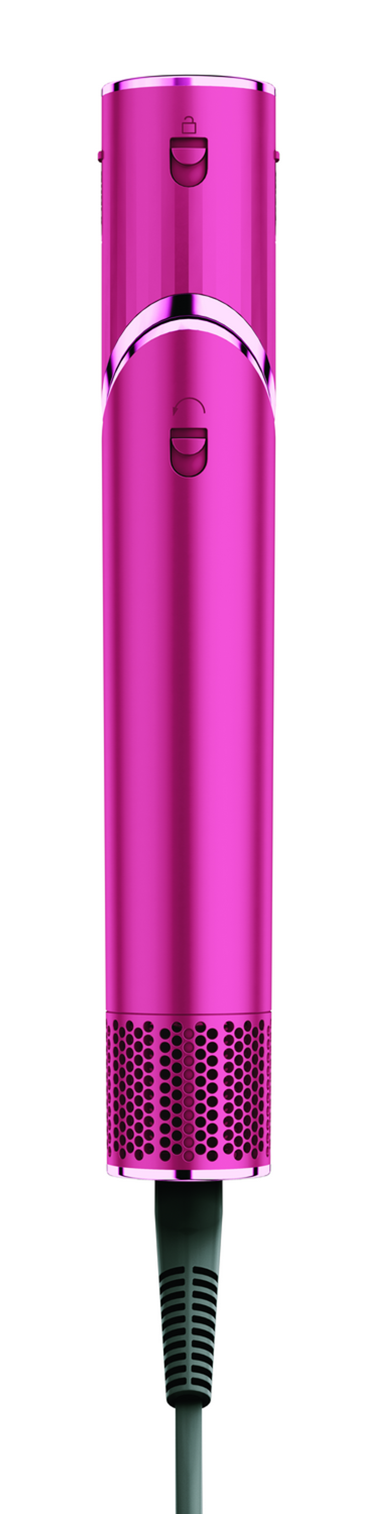 Różowe narzędzie do stylizacji włosów z czarnym kablem. Ma cylindryczny korpus z przyciskami i perforowanym końcem.