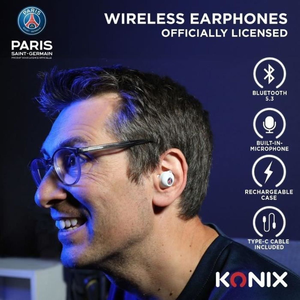 Mann mit Brille und Ohrhörer. Der Text oben lautet 'WIRELESS EARPHONES'. Logo von Paris Saint-Germain links.
