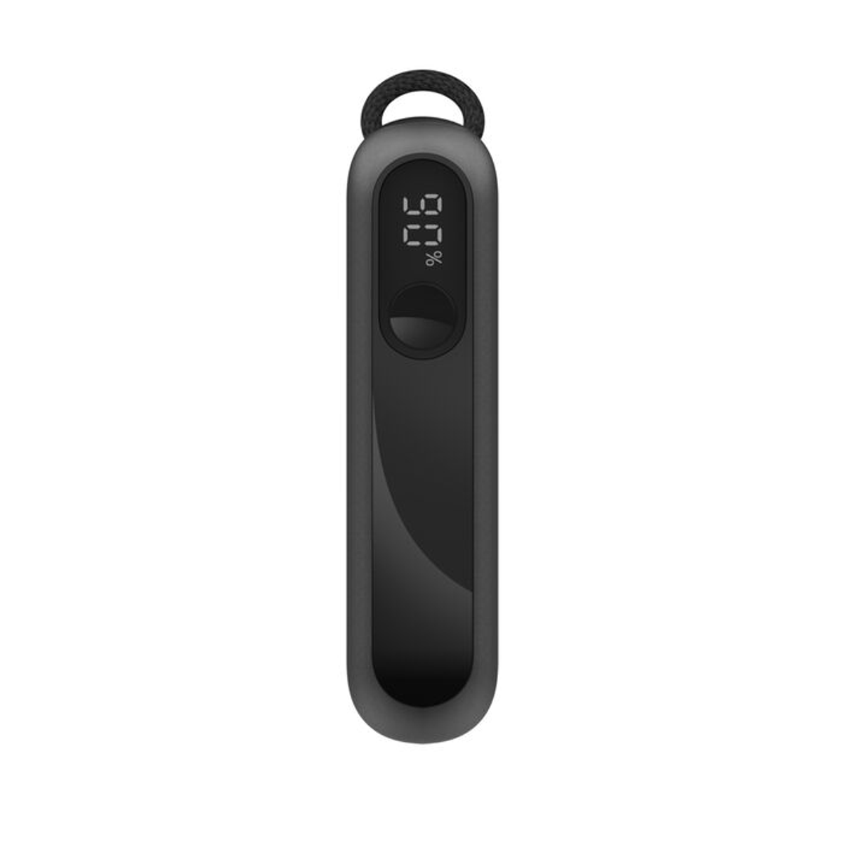 Un dispositivo nero allungato con un display che mostra il 60%. Ha un anello in alto e un pulsante. Lo sfondo è bianco.