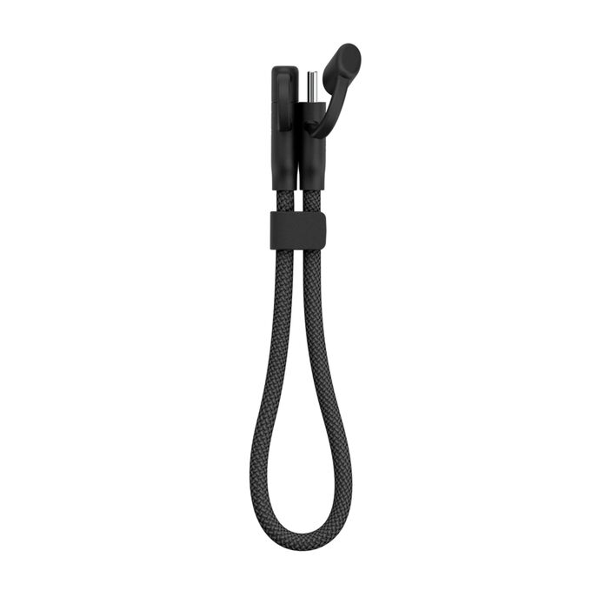 Cordino nero con anello in basso. Un connettore nero in alto con un piccolo attacco.