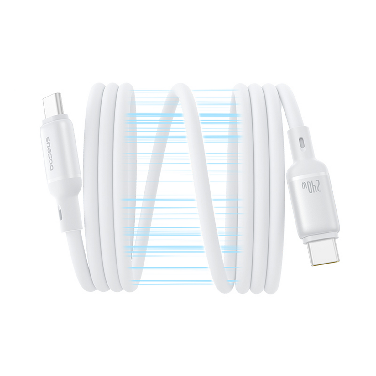 Un cavo USB-C bianco Baseus, arrotolato, con connettori su ciascuna estremità. Il cavo è su sfondo bianco, con linee blu in mezzo.