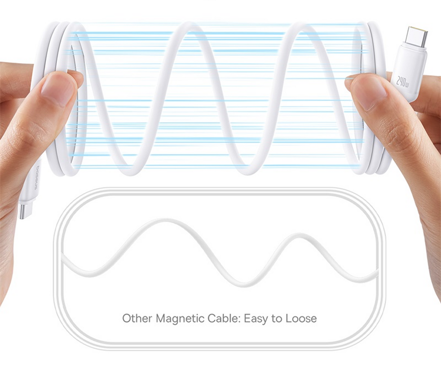 Mani che tengono un cavo di ricarica bianco arrotolato. Un diagramma sotto mostra un cavo simile etichettato 'Easy to Loose'.