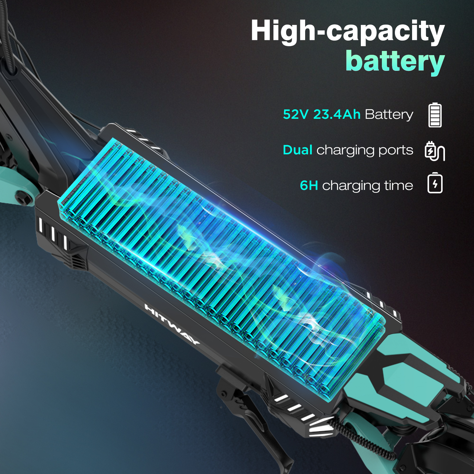 Image shows a scooter battery with text: 52V 23.4Ah, dual charging ports, and 6H charging time. The color is black and teal.