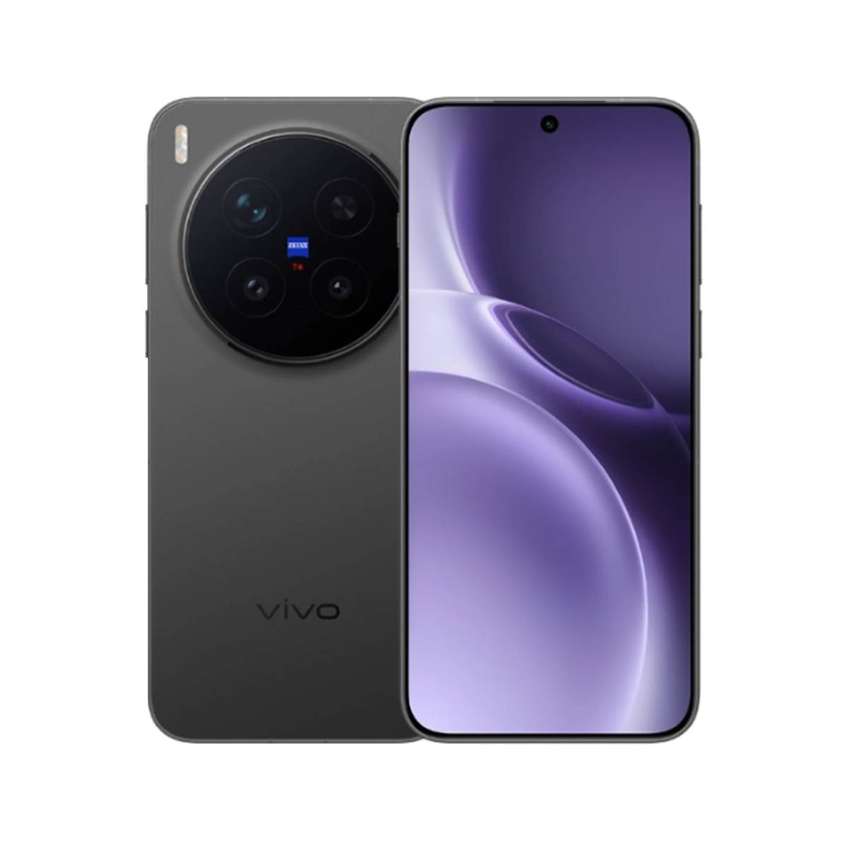 Uno smartphone grigio scuro con un ampio modulo fotocamera sul retro e un display con sfumature viola. Il marchio è vivo.