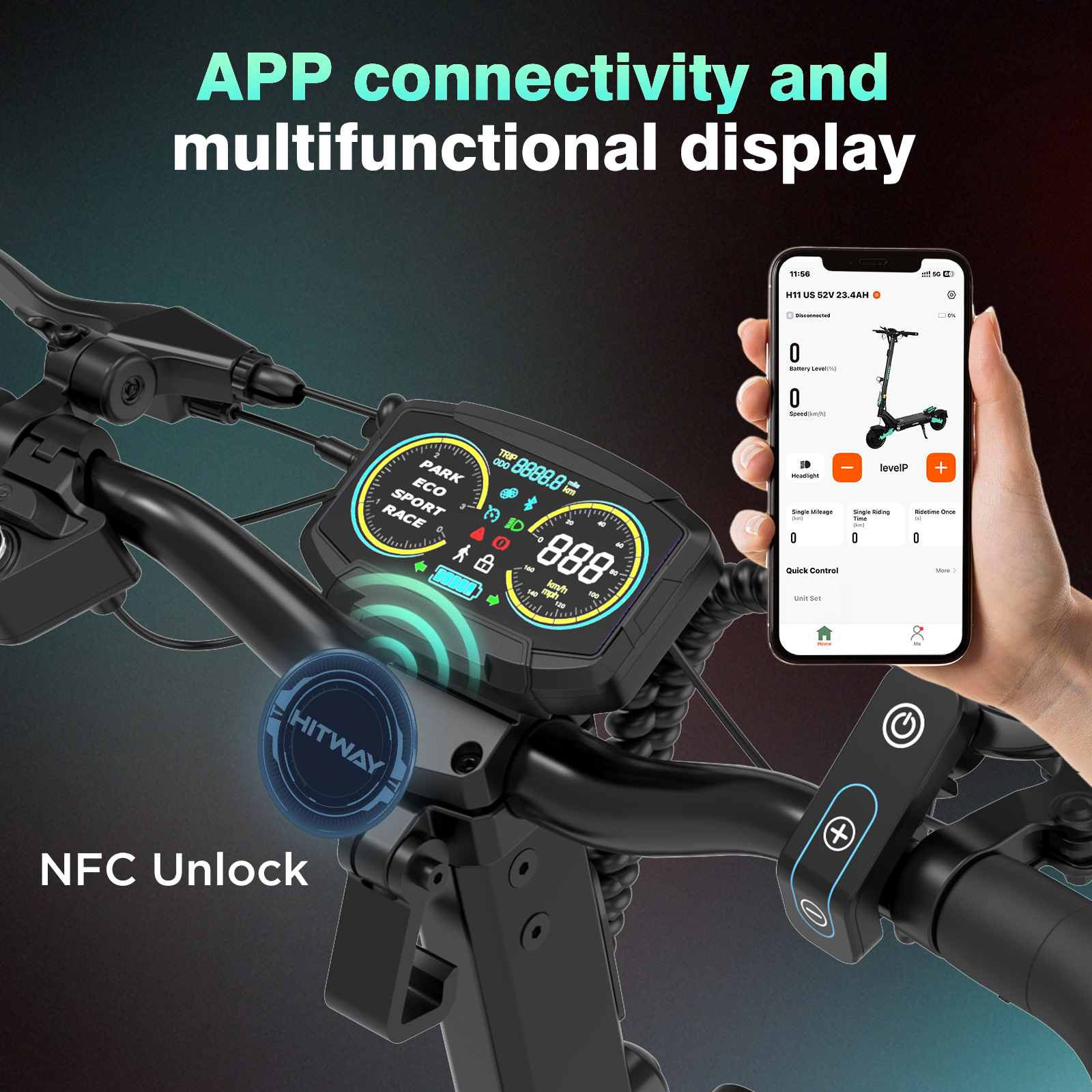 Electric scooter handlebar with display and app interface showing speed, battery, and riding data.