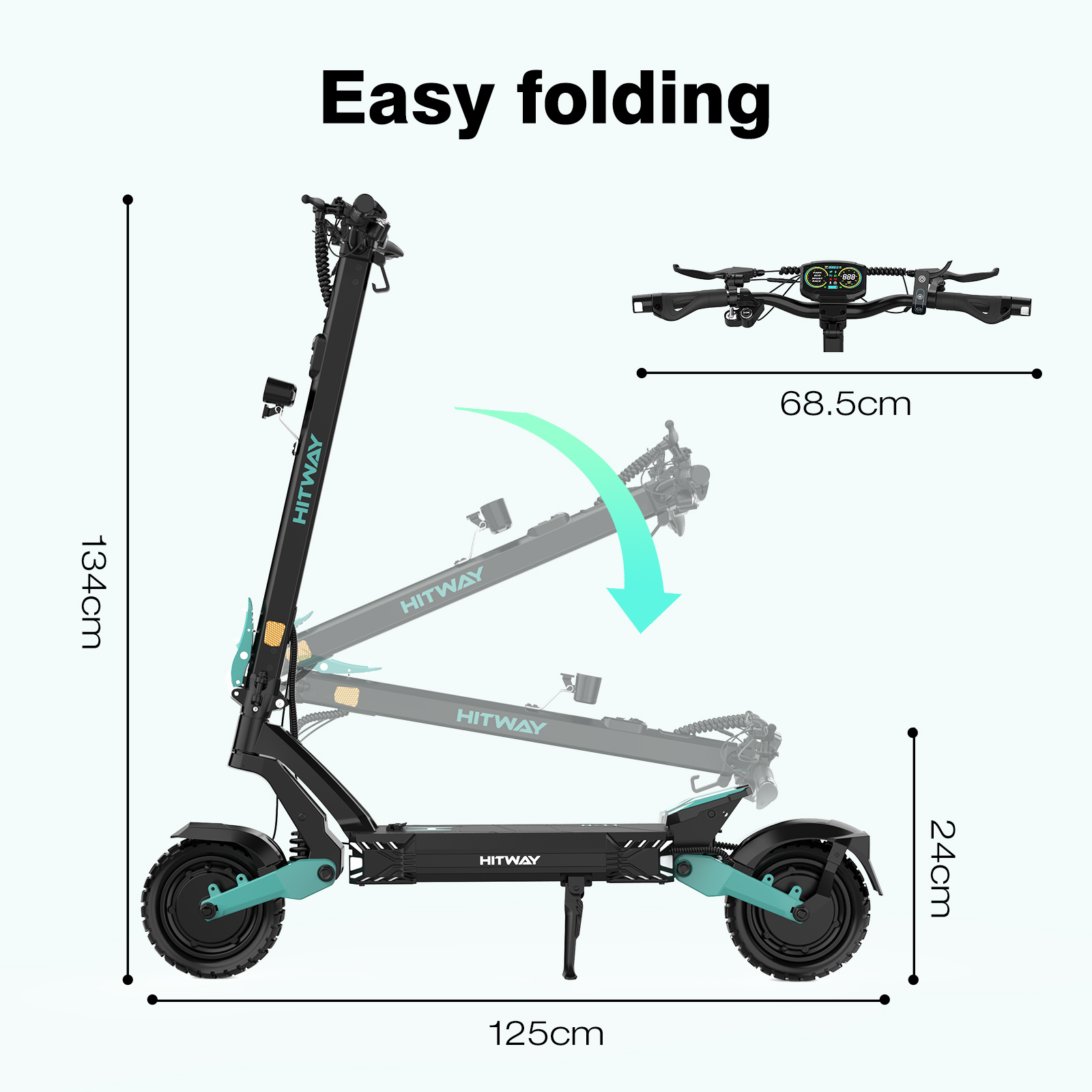 Black HITWAY electric scooter with teal accents, dimensions labeled, folding mechanism shown with arrow, and handlebar detail.