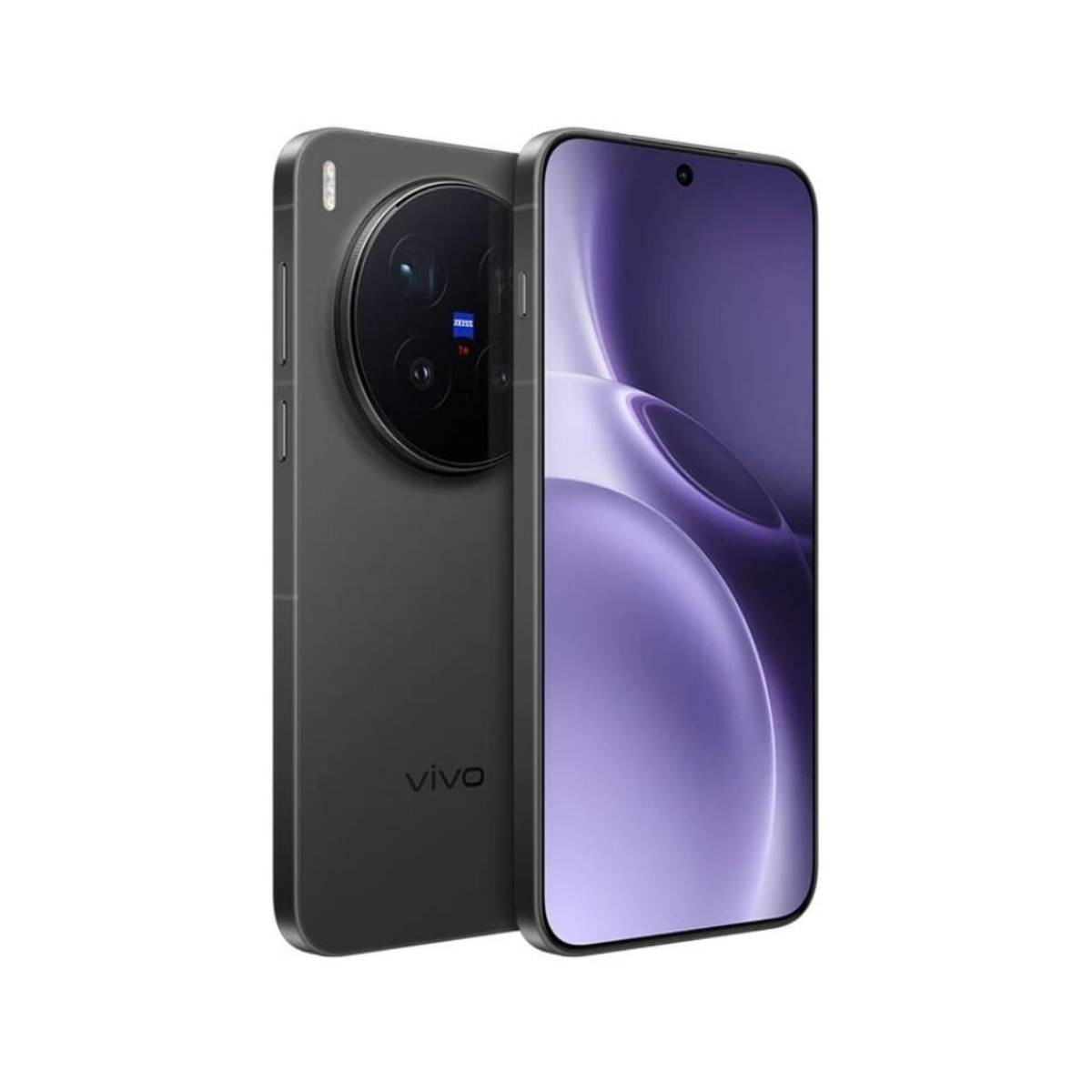 Uno smartphone grigio scuro con un ampio modulo fotocamera e schermo viola. Il marchio vivo è visibile.
