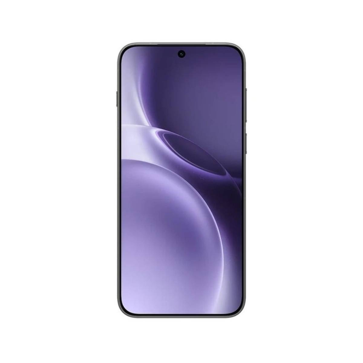 Uno smartphone con schermo viola che mostra un design curvo. Il telefono ha una cornice nera e una fotocamera frontale.