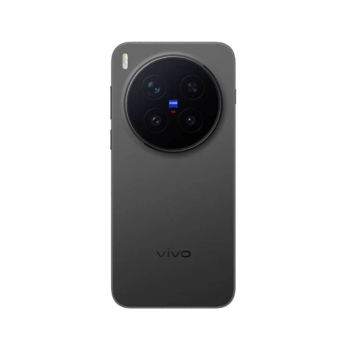 Uno smartphone grigio scuro con un ampio modulo fotocamera circolare. Ha quattro obiettivi e il logo Zeiss. Il logo Vivo è in basso.