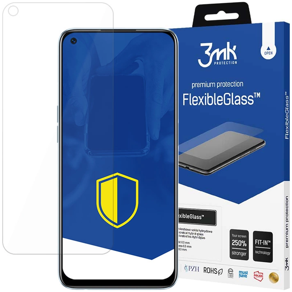 Un proteggi schermo e una scatola. La scatola ha il marchio '3mk' e il nome del prodotto 'FlexibleGlass'.
