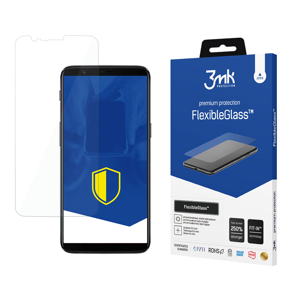 Un proteggi schermo e un telefono accanto a una confezione del prodotto. La confezione pubblicizza la protezione FlexibleGlass.