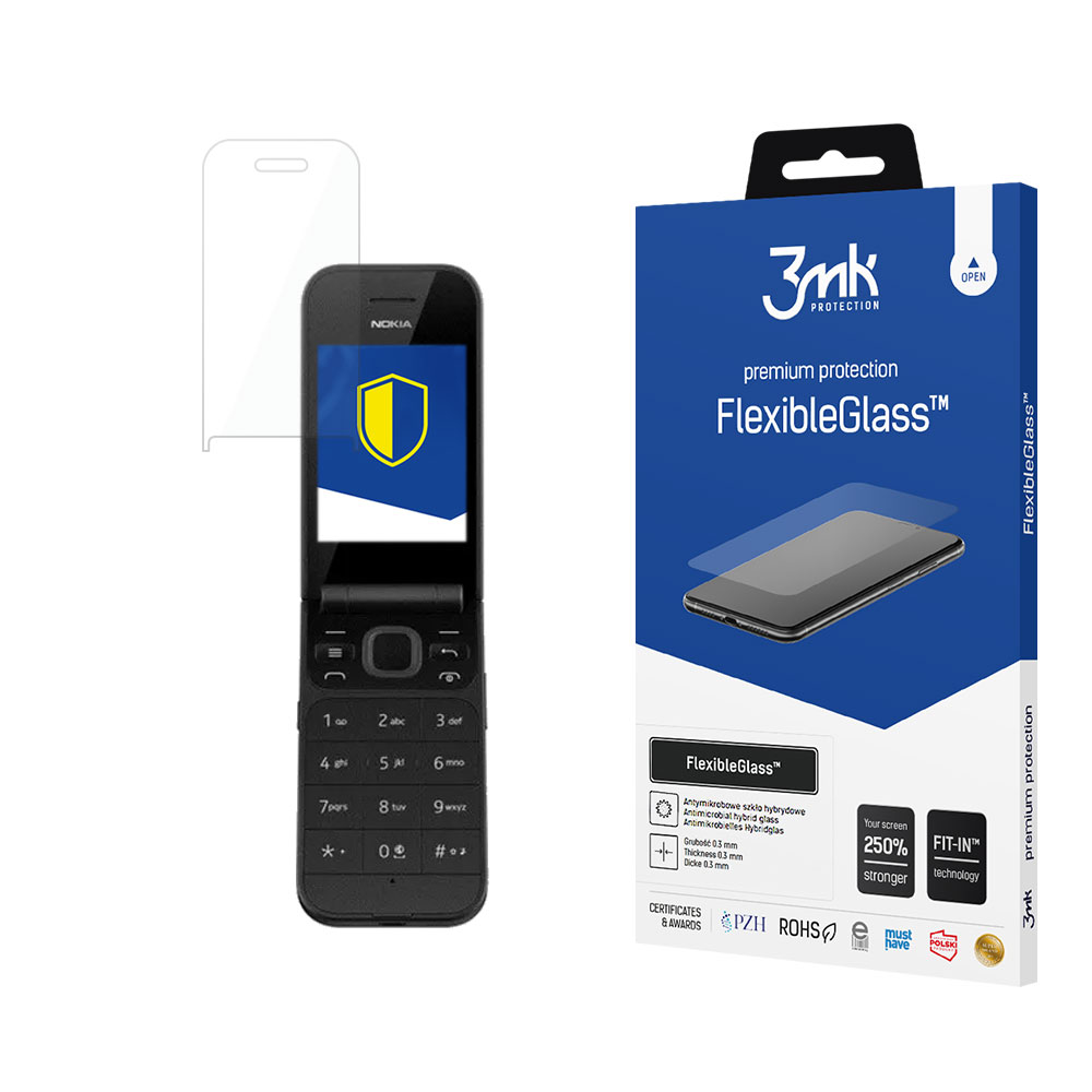 Un telefono Nokia, una protezione per lo schermo e una scatola blu per FlexibleGlass sono su una superficie bianca. Il telefono è aperto.