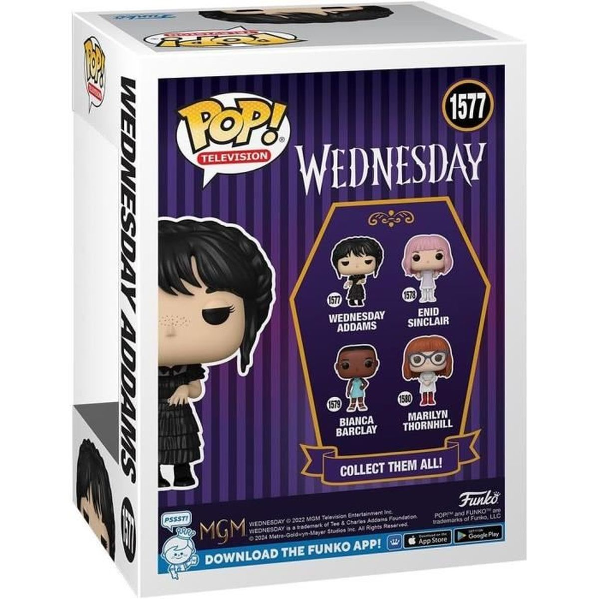 Funko Pop box voor Wednesday Addams. Bevat figuren van Wednesday, Enid, Bianca en Marilyn. Witte doos met paarse accenten.