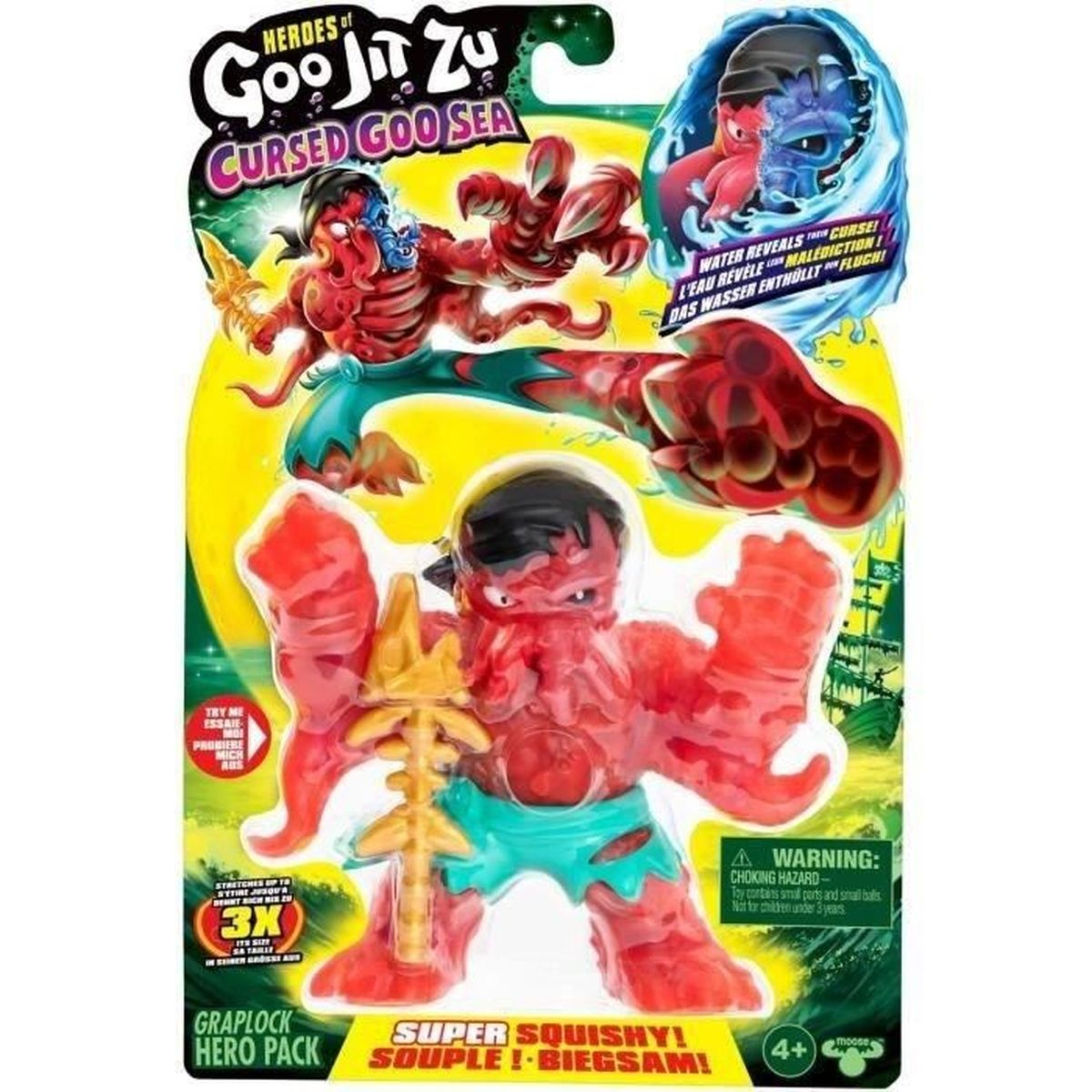 Eine Spielzeugverpackung zeigt eine rote Figur mit einem Dreizack und einen blauen, oktopusartigen Charakter. Der Text lautet 'Cursed Goo Sea'.