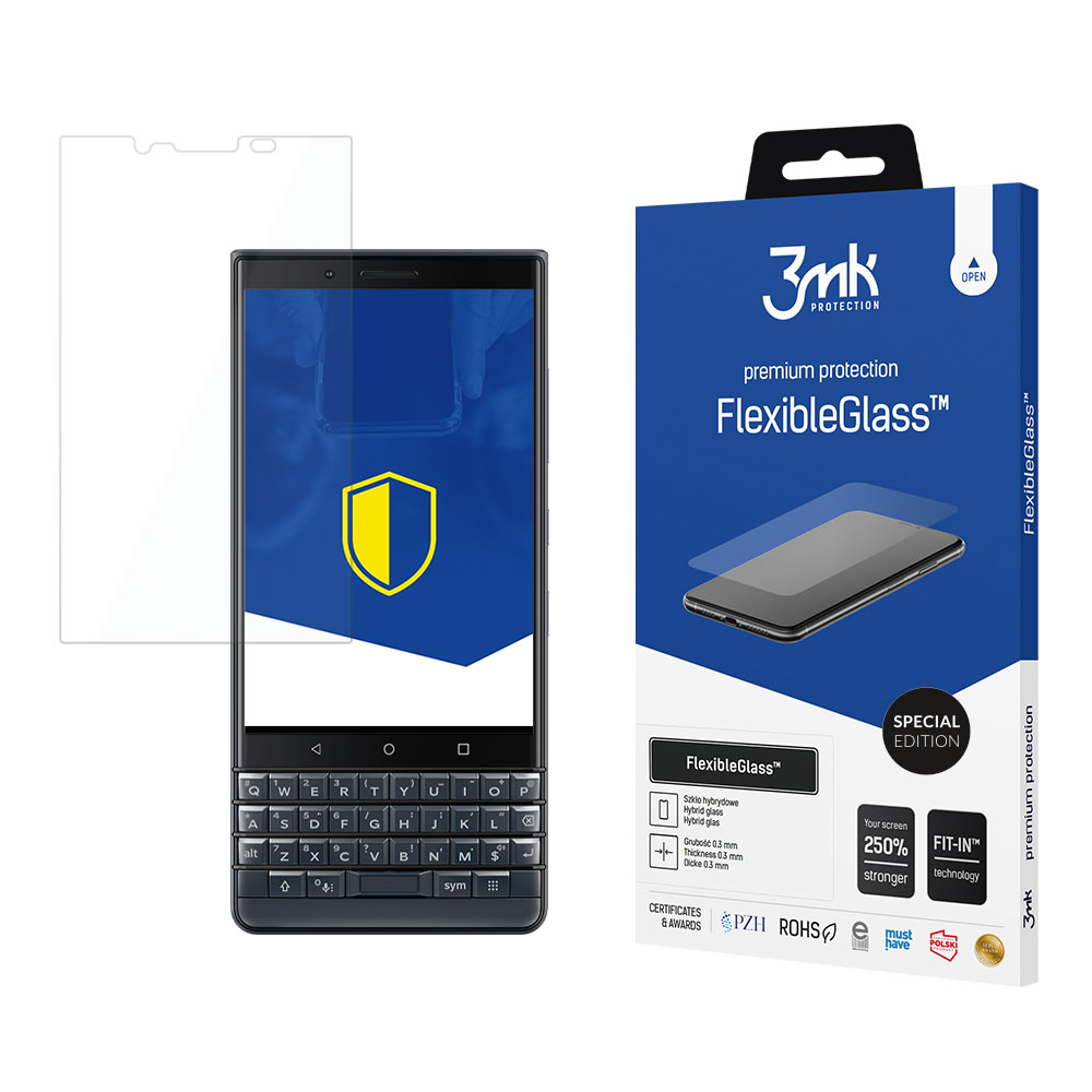 Un telefono con una protezione per lo schermo e una scatola del prodotto a destra. Il telefono ha un logo a scudo giallo sullo schermo.