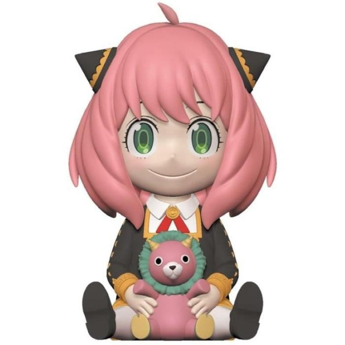 Anya Forger Figur. Rosa Haare, grüne Augen, schwarzes Kleid, hält ein rosa Plüschtier.