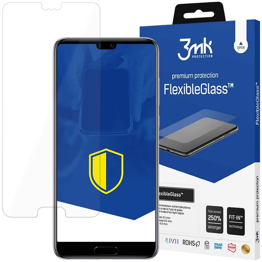 Uno smartphone con protezione schermo, una scatola con testo FlexibleGlass e una pellicola protettiva sono visibili.