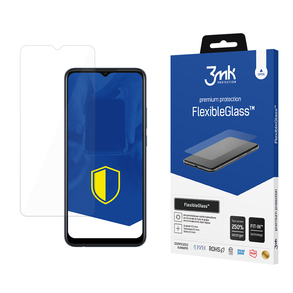 Un protettore schermo con telefono e scatola. Sulla scatola c'è scritto FlexibleGlass e c'è l'immagine di un telefono.