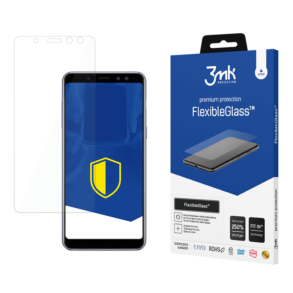 Un telefono e una protezione per lo schermo sono visualizzati. La protezione è trasparente. La scatola è blu con il marchio FlexibleGlass.