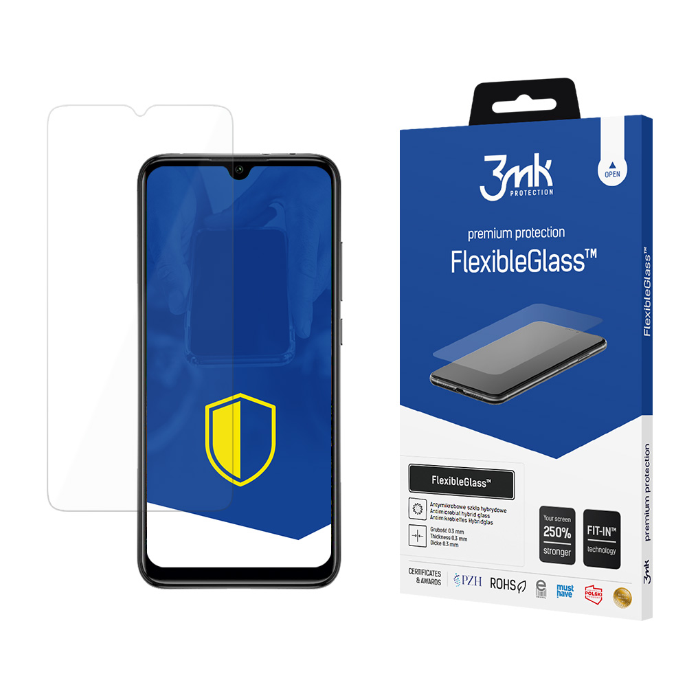 Un proteggi schermo, un telefono e una scatola con la scritta 'FlexibleGlass'. Il telefono mostra un logo a scudo.