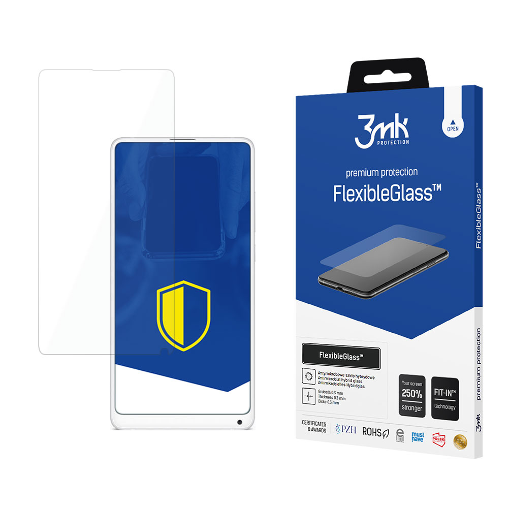 Un proteggi schermo e una scatola con il nome FlexibleGlass. Il proteggi schermo è trasparente, la scatola blu e bianca.