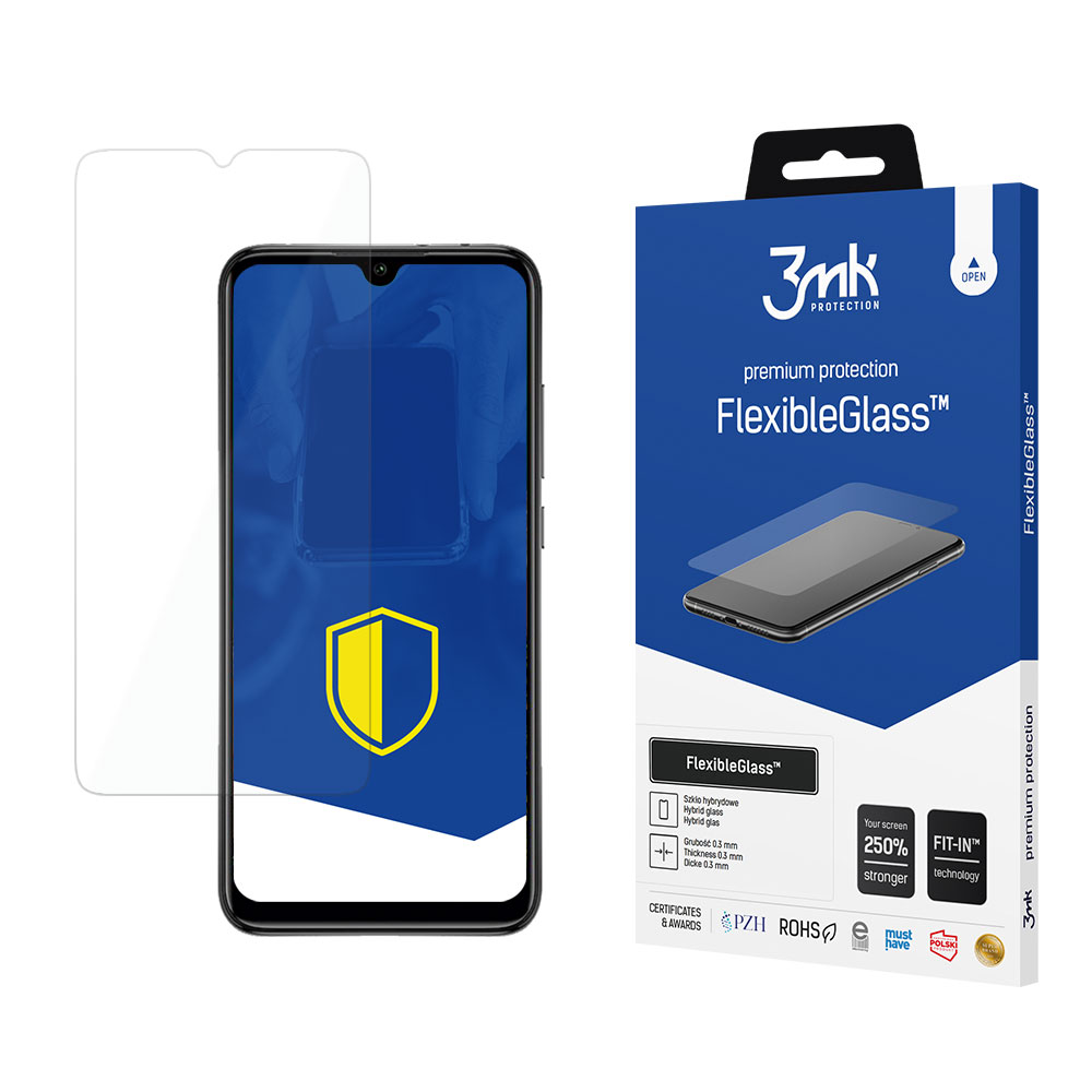 Un proteggi schermo e un telefono sono accanto a una scatola del prodotto. La scatola pubblicizza FlexibleGlass, con il logo 3mk.