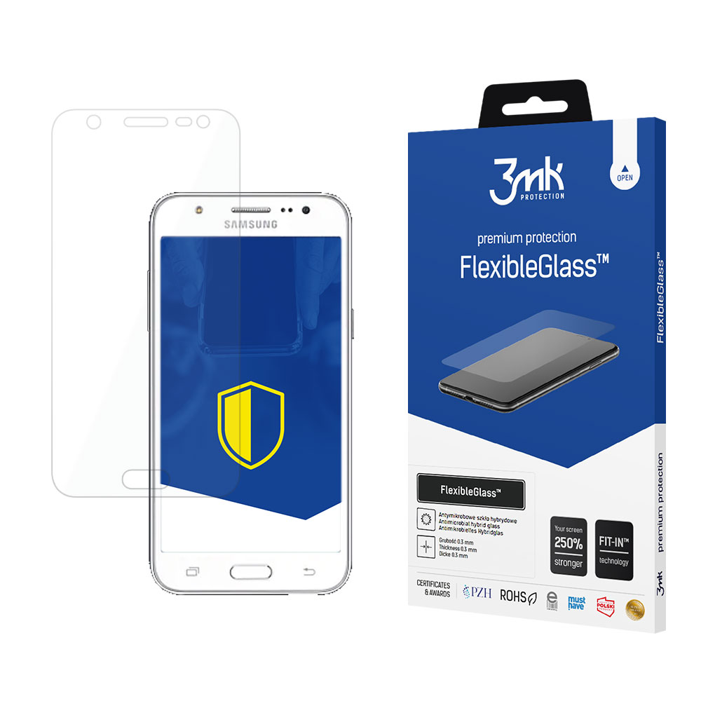 Un telefono con protezione schermo e una scatola di protezione schermo FlexibleGlass.