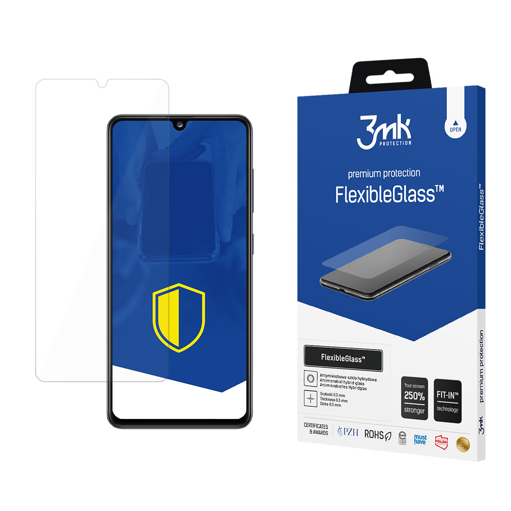 Un proteggi schermo e una scatola. La scatola dice 'FlexibleGlass' e '3mk protection'. Il proteggi schermo è vicino a un telefono.