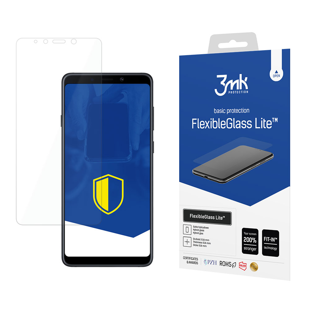 Un telefono con una protezione per lo schermo e una scatola con il nome FlexibleGlass Lite. La scatola è blu e bianca.