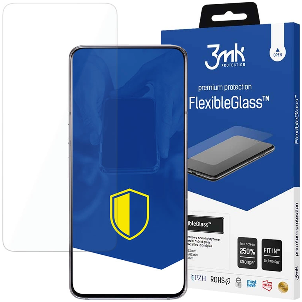 Ochraniacz ekranu i pudełko. Na pudełku znajduje się marka 3mk i FlexibleGlass. Ochraniacz jest na telefonie.