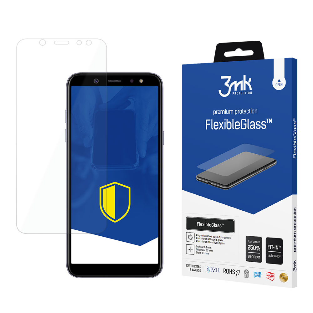 Wyświetlany jest telefon i ochraniacz ekranu. Ochraniacz jest przezroczysty, a pudełko jest niebieskie z nazwą produktu.