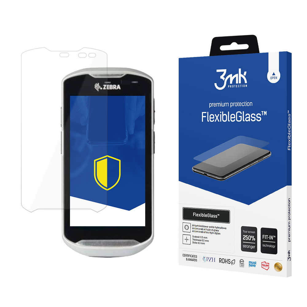 Se muestra un teléfono y un protector de pantalla. El protector es transparente, el teléfono tiene un icono de escudo amarillo. Una caja dice FlexibleGlass.