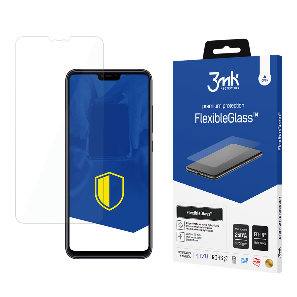 Un proteggi schermo e una scatola. La scatola ha il marchio 3mk FlexibleGlass e presenta un'immagine del telefono e dettagli del prodotto.