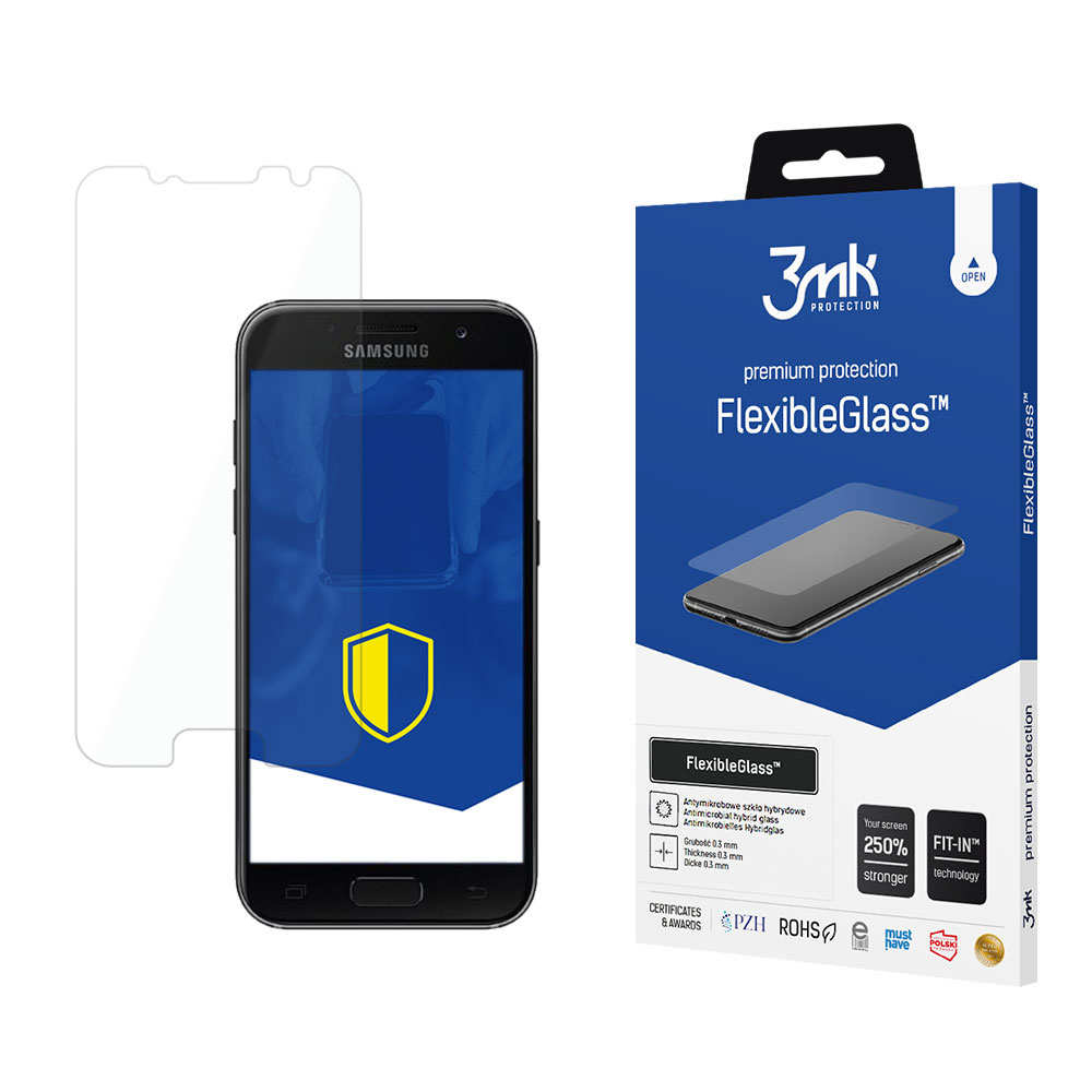 Uno smartphone con protezione schermo, una scatola di FlexibleGlass e un protettore. Il telefono mostra uno scudo.