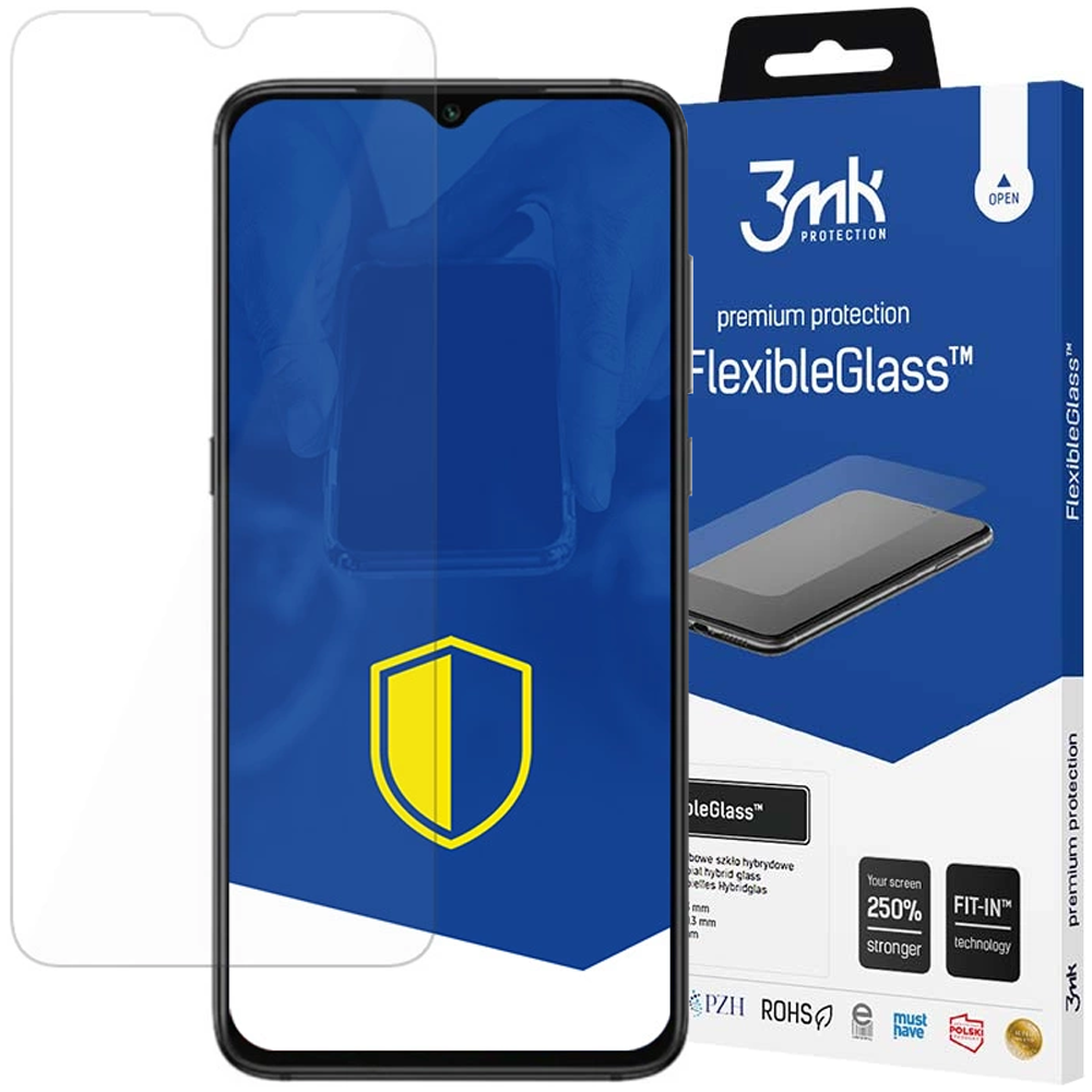 Ochraniacz ekranu telefonu z telefonem i jego pudełkiem. Na pudełku napis FlexibleGlass i logo tarczy.