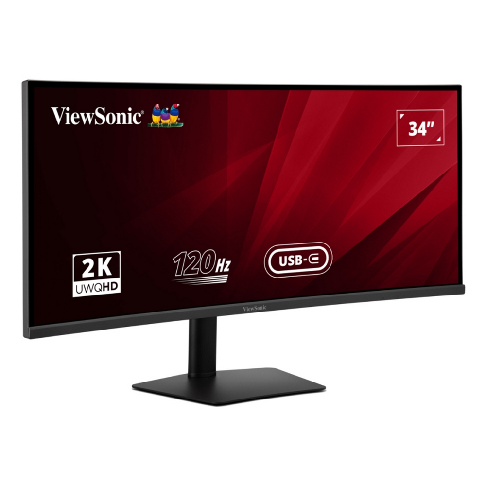 Monitor ViewSonic 34 cali. Posiada 2K UWQHD, 120Hz i USB-C. Ekran wyświetla czerwony gradient. Czarny stojak i ramka.