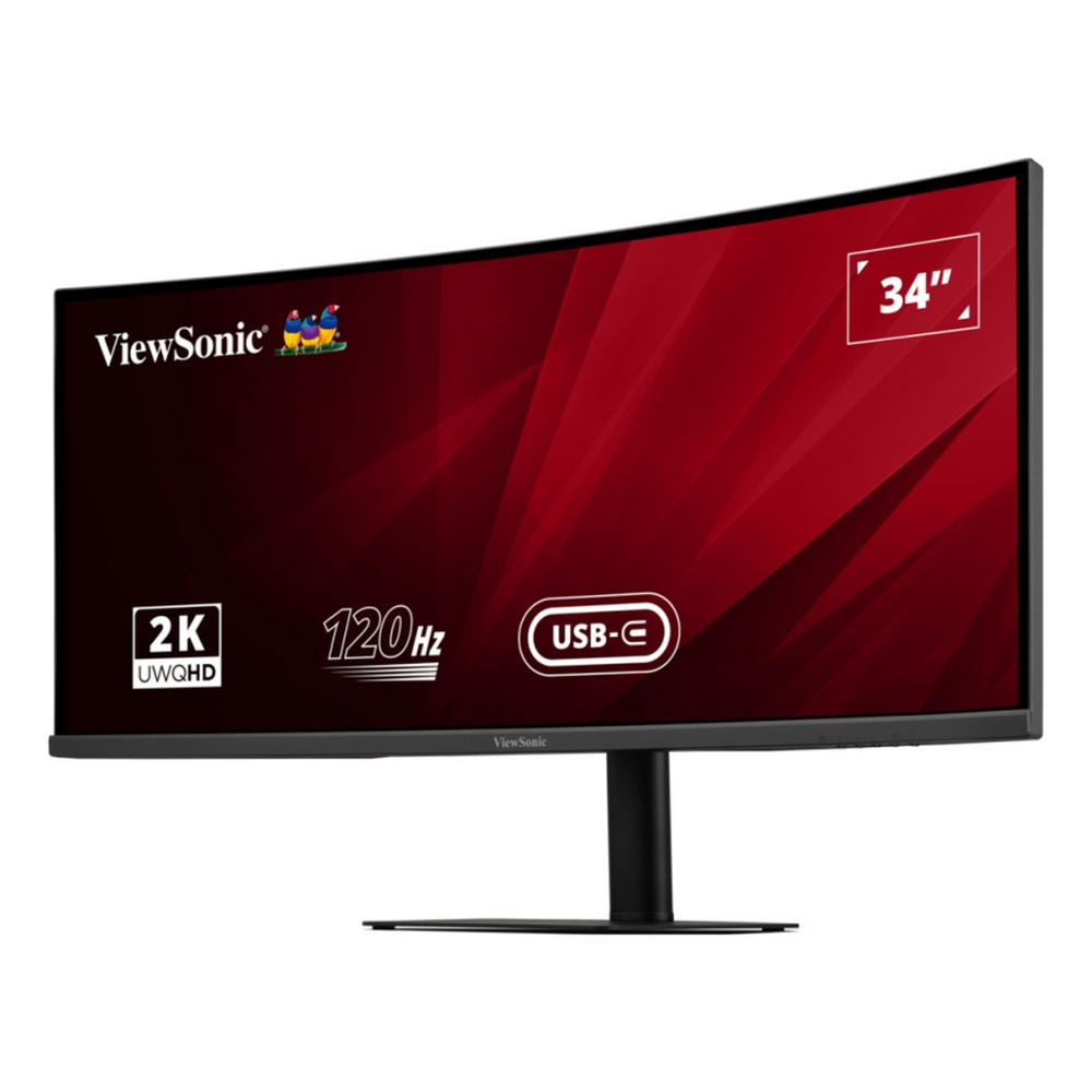 Zakrzywiony monitor ViewSonic wyświetla specyfikacje. Ma czerwone tło z białym tekstem wskazującym 2K, 120Hz i USB-C.