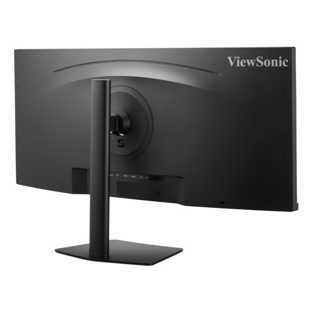 Pokazano tył czarnego monitora ViewSonic. Ma podstawę i porty. Logo ViewSonic jest widoczne w prawym górnym rogu.