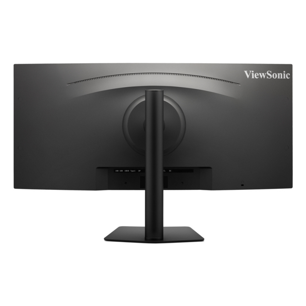 Widok z tyłu czarnego monitora ViewSonic. Posiada podstawę, porty i logo ViewSonic. Widoczny jest zakrzywiony ekran.