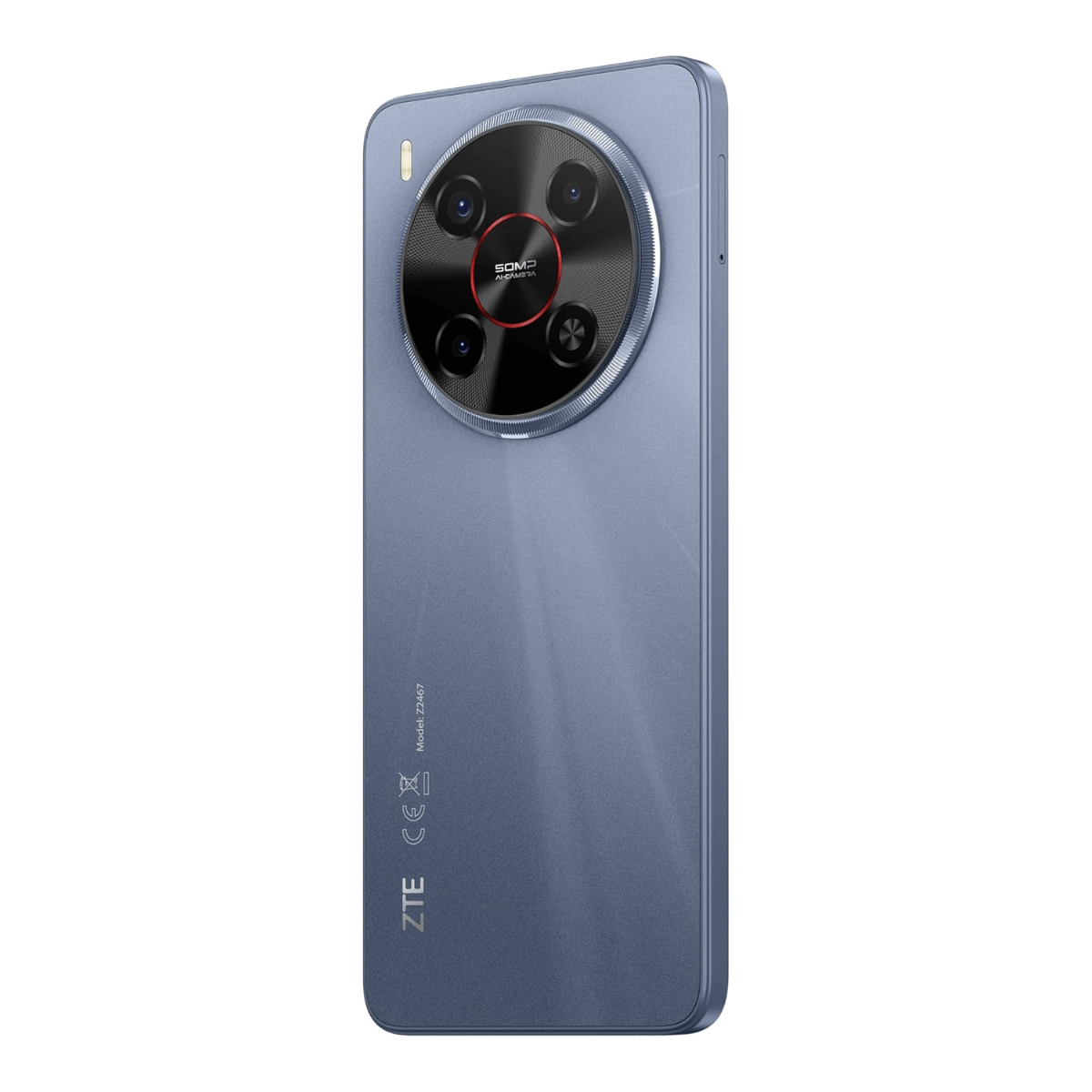 Niebieski telefon ZTE z dużym, okrągłym modułem aparatu. Moduł ma wiele obiektywów i czerwony akcent. Telefon jest na białym tle.