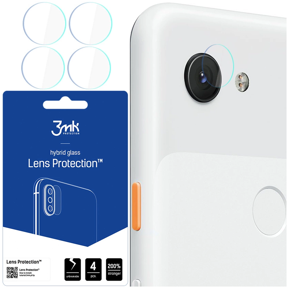 Vengono visualizzati un telefono e protezioni per lenti. A sinistra, una confezione con quattro protezioni per lenti. A destra, un telefono con una fotocamera.