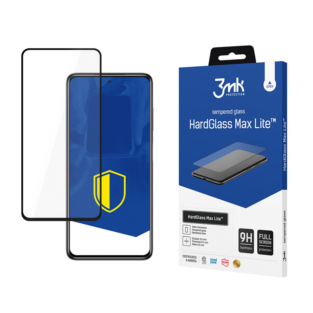 Un proteggi schermo e un telefono sono esposti con confezione, scatola blu con testo: HardGlass Max Lite.