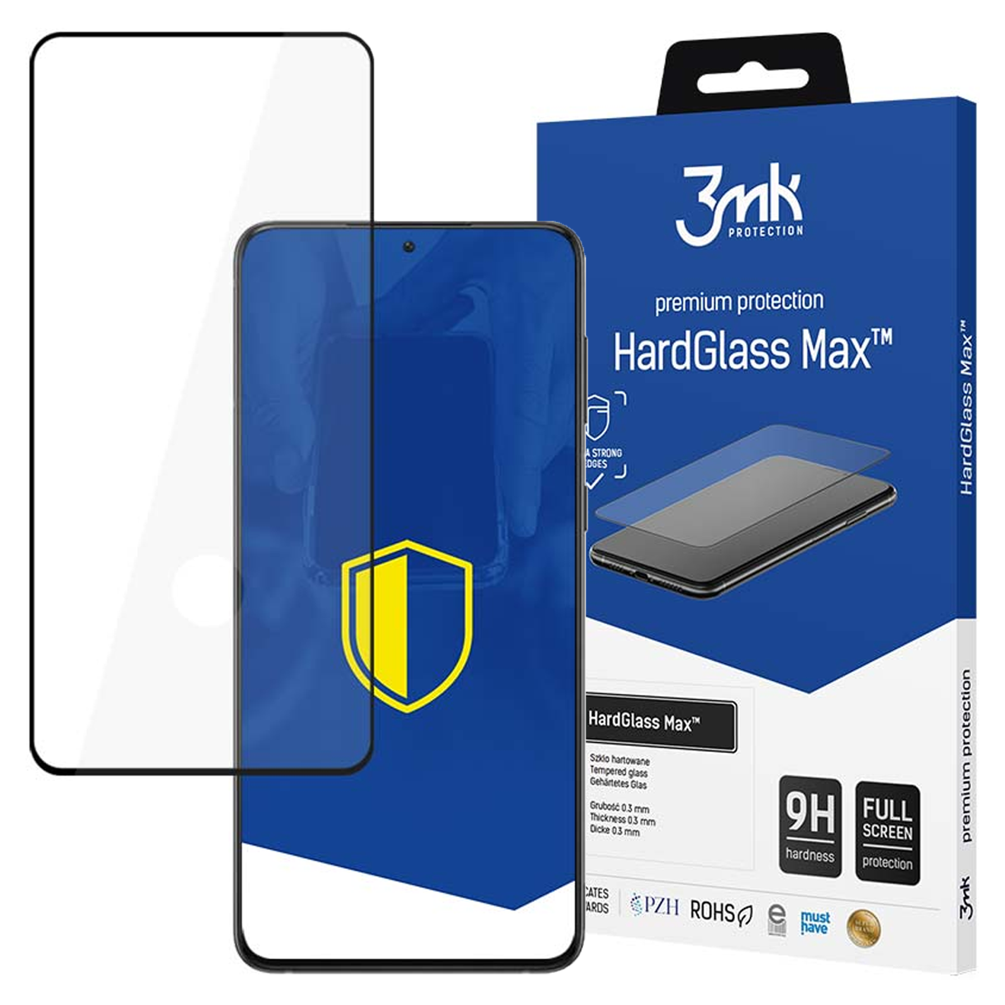 Ochraniacz ekranu telefonu z niebieskim pudełkiem. Ochraniacz jest przezroczysty, na pudełku napis HardGlass Max.